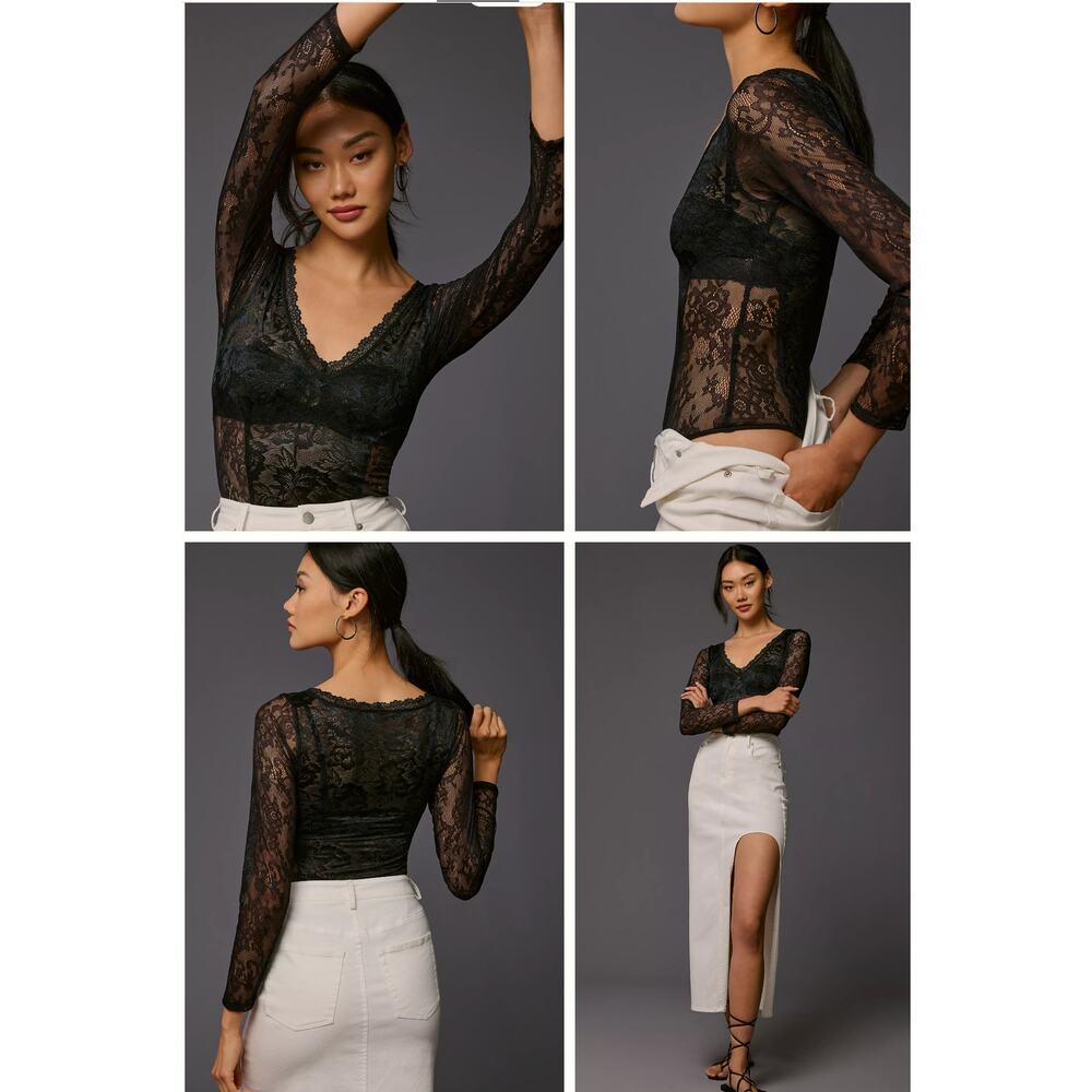 Anthropologie Long-Sleeve Sheer Lace Bodysuit Black Size XL NEW - Picture 2 of 9
